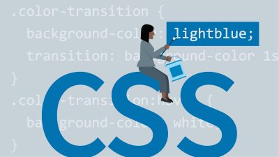 CSS text written in big bold letters, a woman sitting on the alphabet S, painting light blue