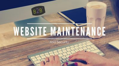 Wordpress Website Maintenance and security in text, fingers being tapped on a keyboard