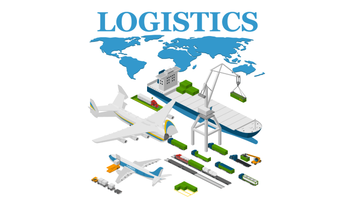Graphical representation of all vehicles involved in transport of logistics--different types of ships, cargo and container trucks with a world map and Logistics written on the top.
